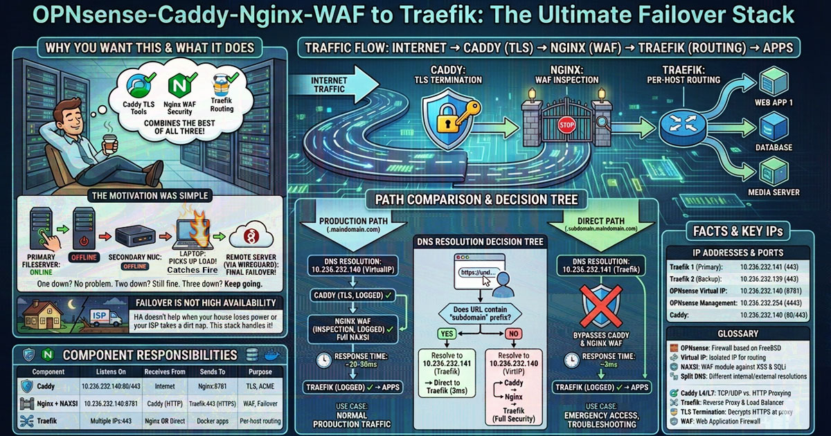 Nginx Transparent WAF Inspection, Caddy TLS and header tricks, along with Traefik's speedy container based routing