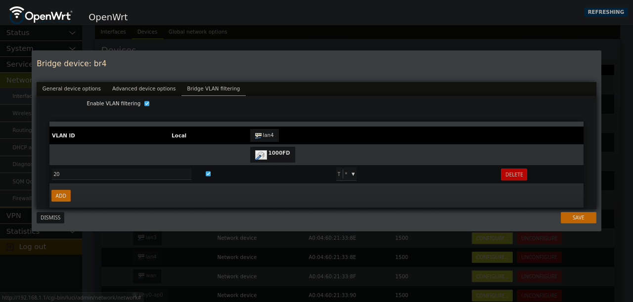 OpenWRT modifing a bridge with a tagged vlan