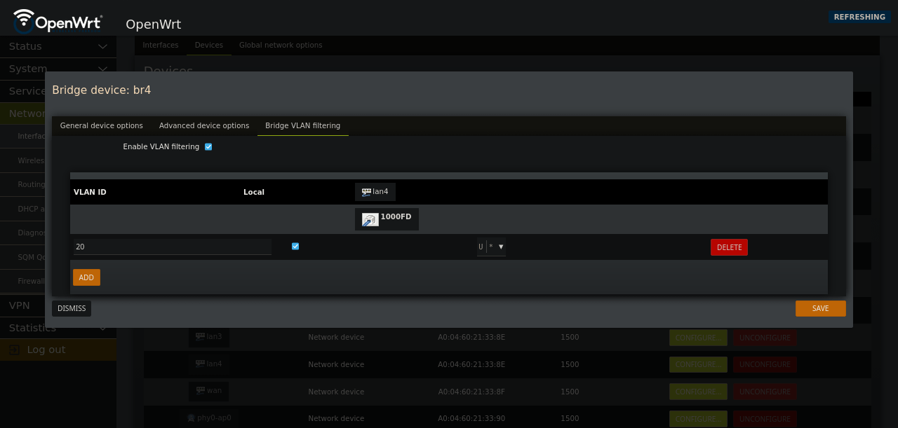 OpenWRT bridge vlan filtering tab with an untagged vlan
